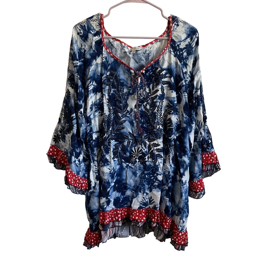 John Mark Embroidered Boho Blouse - Red, White and Blue - Size 2X - NEW